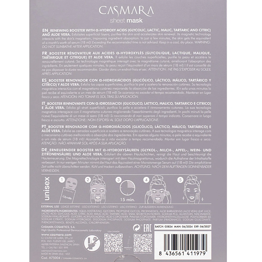 Casmara Sheet Mask Glycolic Peeling Booster Mask 10pz - maschera viso in tessuto esfoliante - Image 6