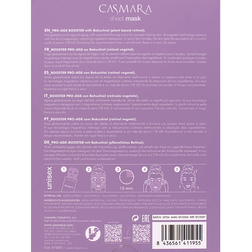 Casmara Sheet Mask Retinol-V Pro -Age Booster Mask 10pzx18ml - maschera in tessuto anti-age - Image 2