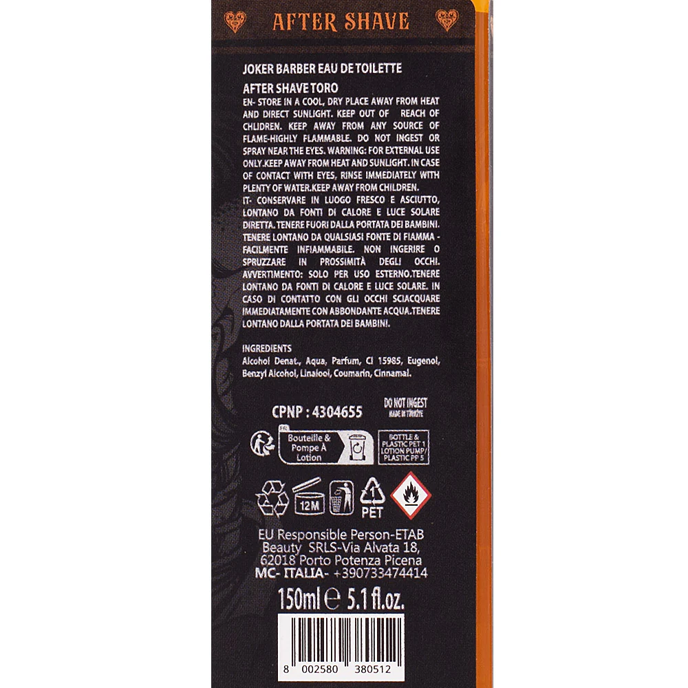 Joker Barber Eau de Toilette After Shave Toro 150ml - dopobarba profumato - Image 2