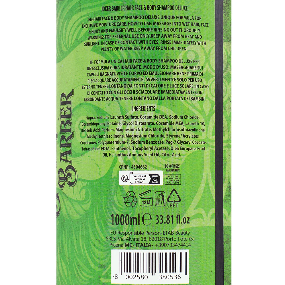 Joker Barber Hair Face & Body Shampoo Deluxe 1000ml - shampoo 3 in 1 - Image 3