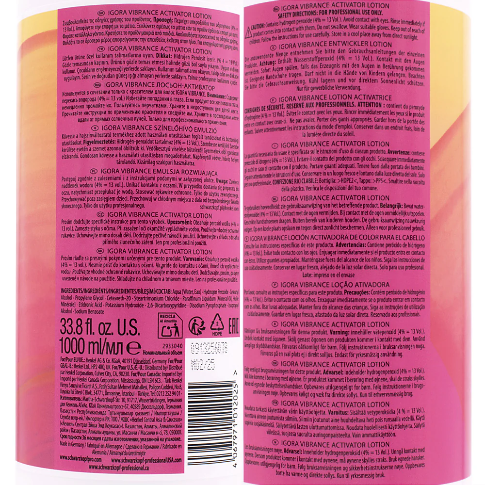 Schwarzkopf Igora Vibrance Activator Lotion 4%  13Vol 1000ml - ossigeno - Image 2