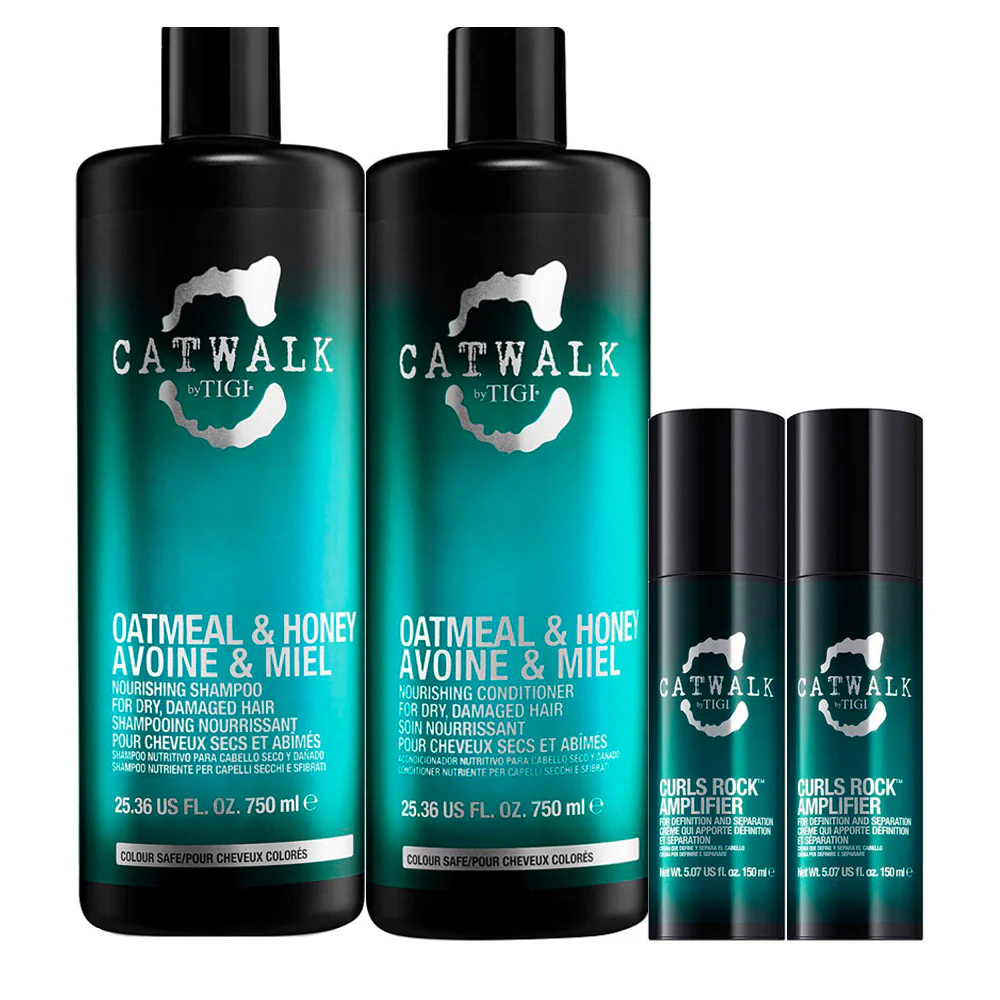 Tigi Catwalk Oatmeal & Honey Shampoo 750ml Conditioner 750ml Curls Rock Amplifier 2x150ml