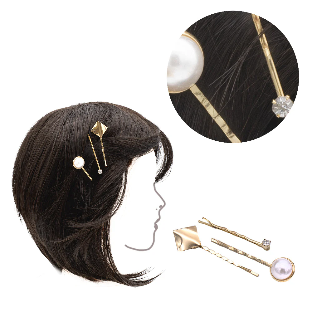 VIAHERMADA Set di tre clip in metallo dorato con strass e perla 5cm
