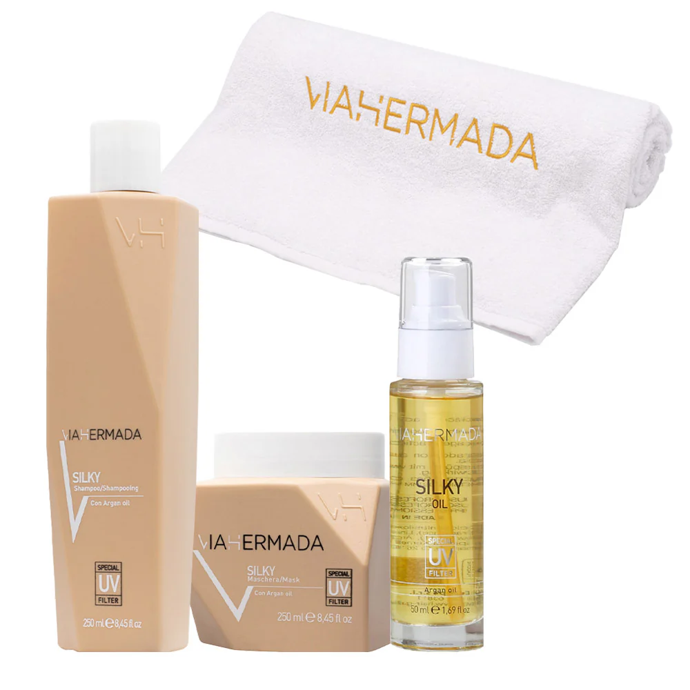 VIAHERMADA Silky Shampoo 250ml Mask 250ml Silky Oil 50ml + Asciugamano da mare bianco OMAGGIO