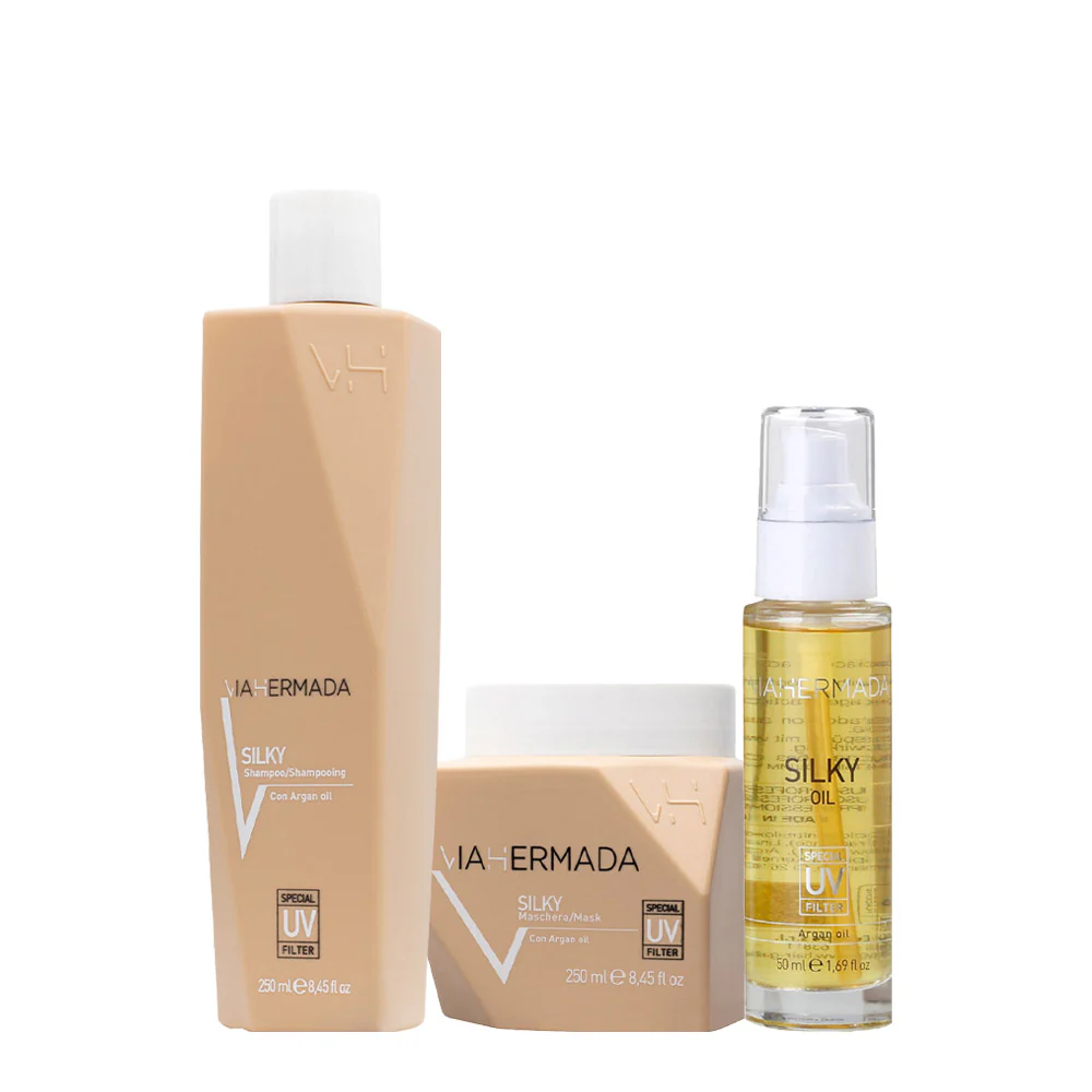 VIAHERMADA Silky Shampoo 250ml Mask 250ml Silky Oil 50ml + Asciugamano da mare bianco OMAGGIO - Image 2