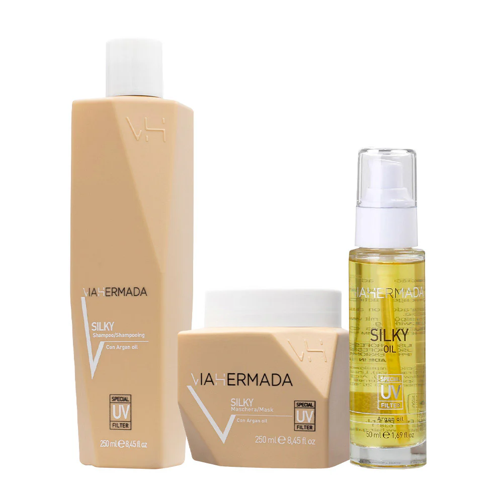VIAHERMADA Silky Shampoo 250ml Mask 250ml Silky Oil 50ml + Asciugamano da mare giallo OMAGGIO - Image 2