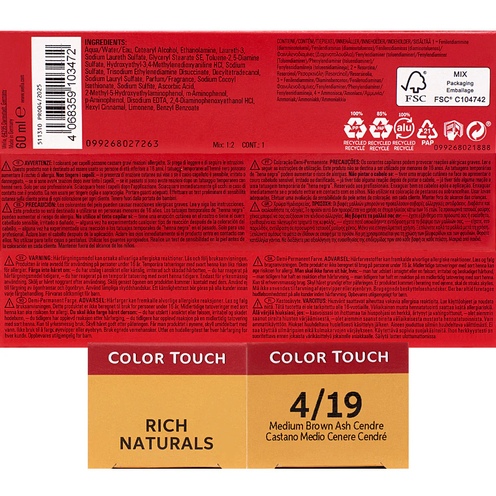 Wella Color Touch Rich Naturals 4/19 Castano Medio Cenere Cendrè 60ml - colore semi permanente senza ammoniaca - Image 2